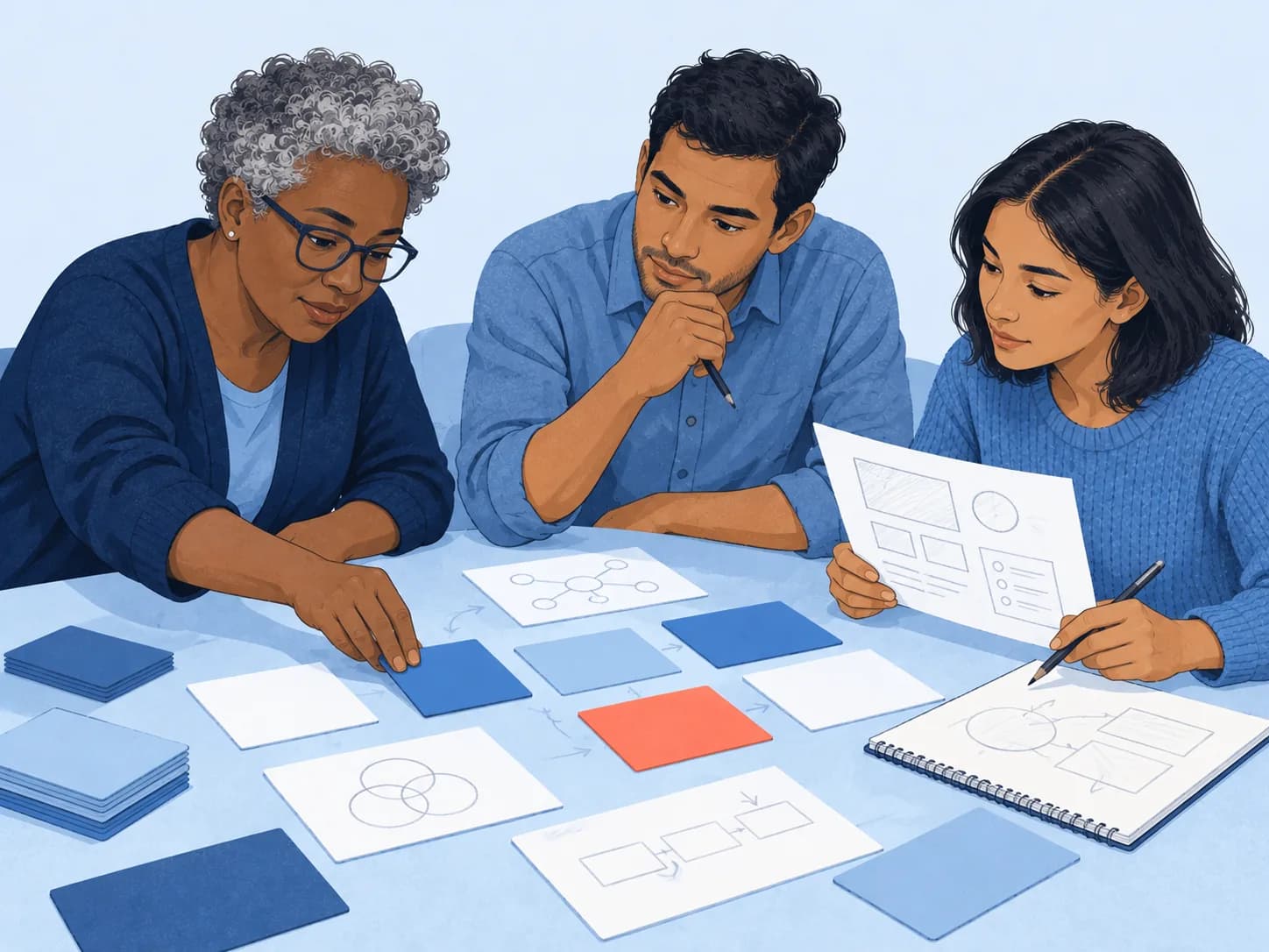 Illustration of three educators arranging learning plans and materials around a shared working table.