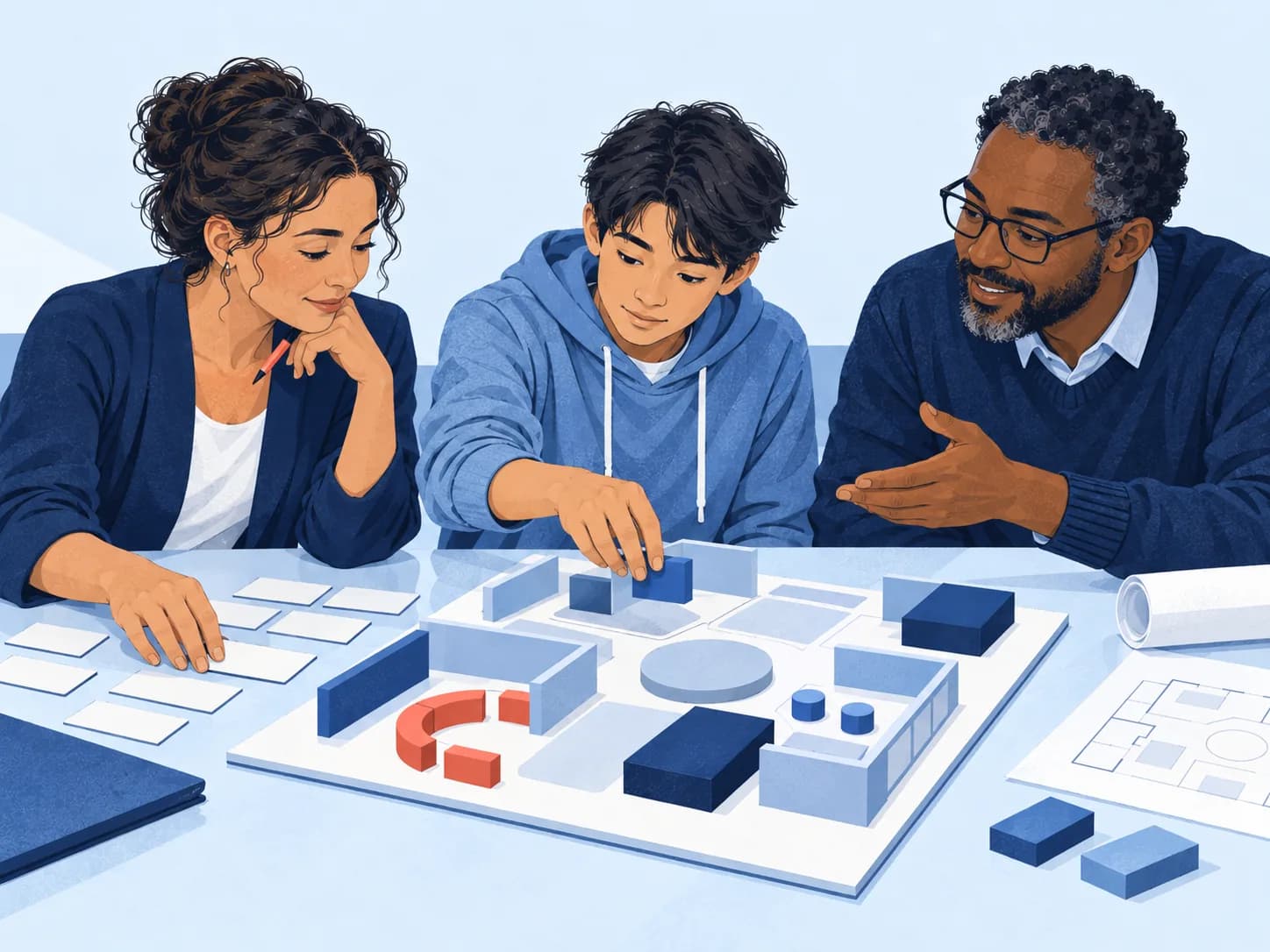 Illustration of an adolescent and two educators arranging a model of learning spaces and blank schedule cards.