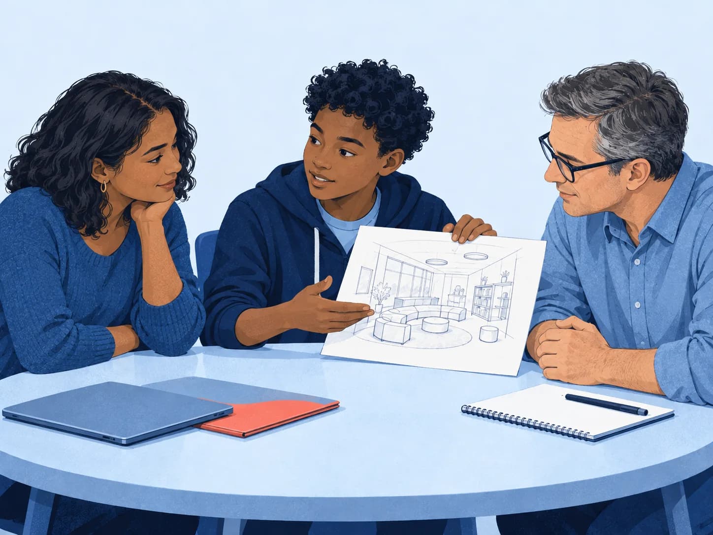 Illustration of a young adolescent explaining a learning-space design to two attentive educators seated at eye level.