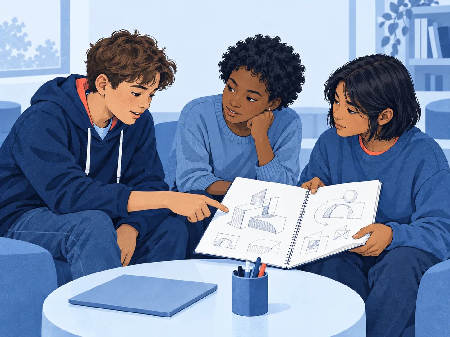 Illustration of three adolescents sharing ideas around a sketchbook in an informal learning space.